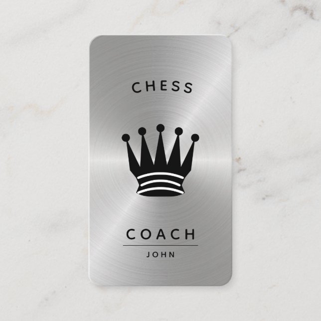 Chess Coach King Metallic Silver Faux Business Card (Front)