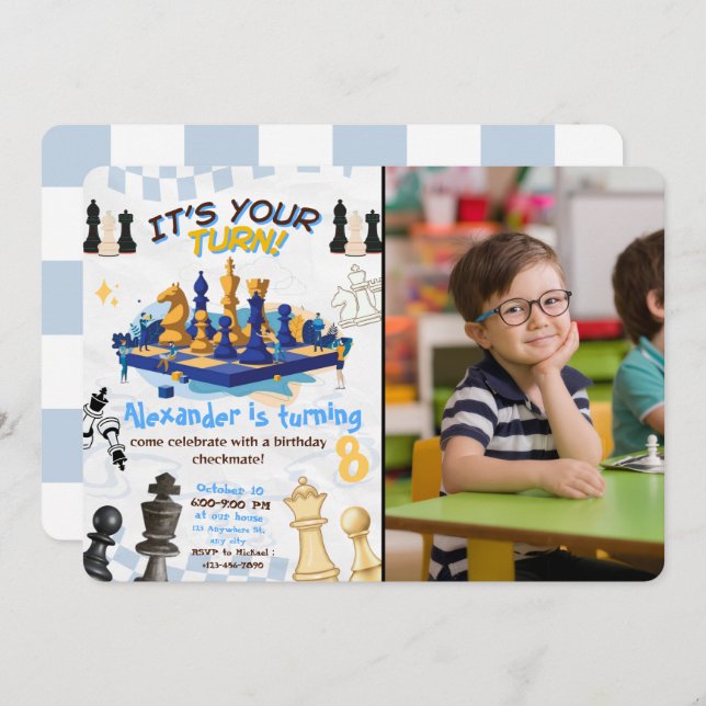 Chess Game Birthday Invite with Personal Photo (Front/Back)