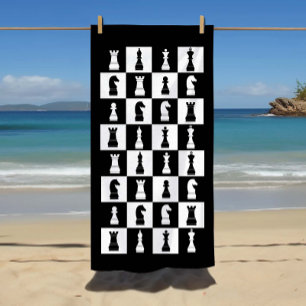 Chess Game Figures Black And White Pattern Beach Towel
