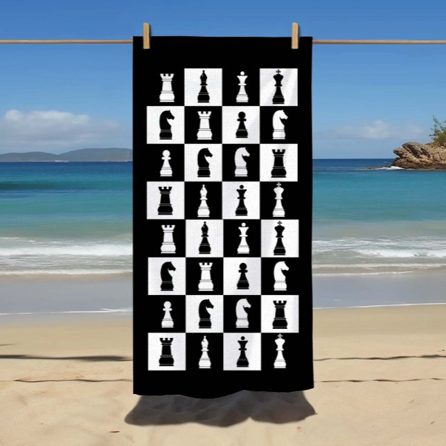 Chess Game Figures Black And White Pattern Beach Towel (Chess Game Figures Black And White Pattern Beach Towel.)