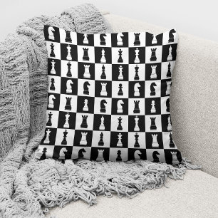 Chess Game Figures Black and White Pattern Cushion