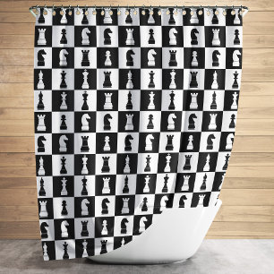 Chess Game Figures Pattern Black And White Shower Curtain