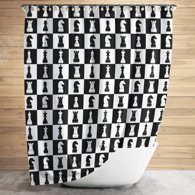 Chess Game Figures Pattern Black And White Shower Curtain (Chess Game Figures Pattern Black And White Shower Curtain)