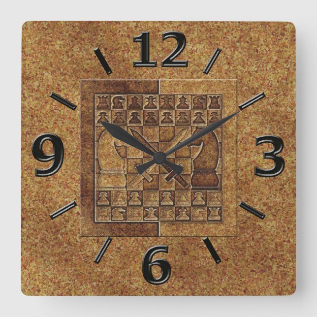 CHESS GAME IN STONE SQUARE WALL CLOCK (Front)