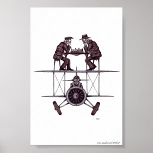 Chess game on plane surreal pen ink drawing art poster
