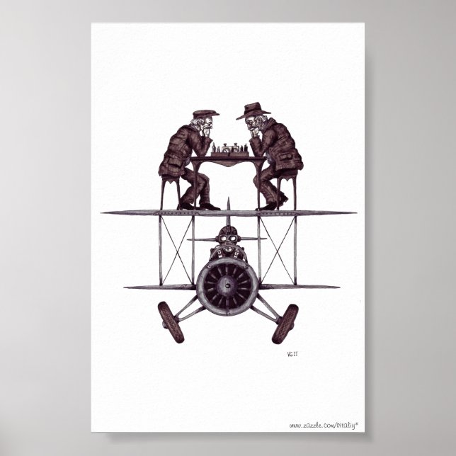 Chess game on plane surreal pen ink drawing art poster (Front)