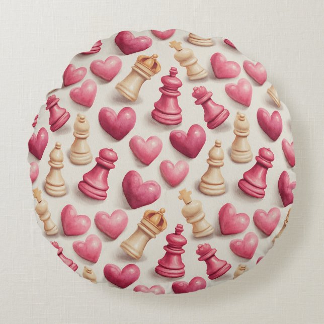 Chess & Hearts Valentines Pattern Round Cushion (Front)