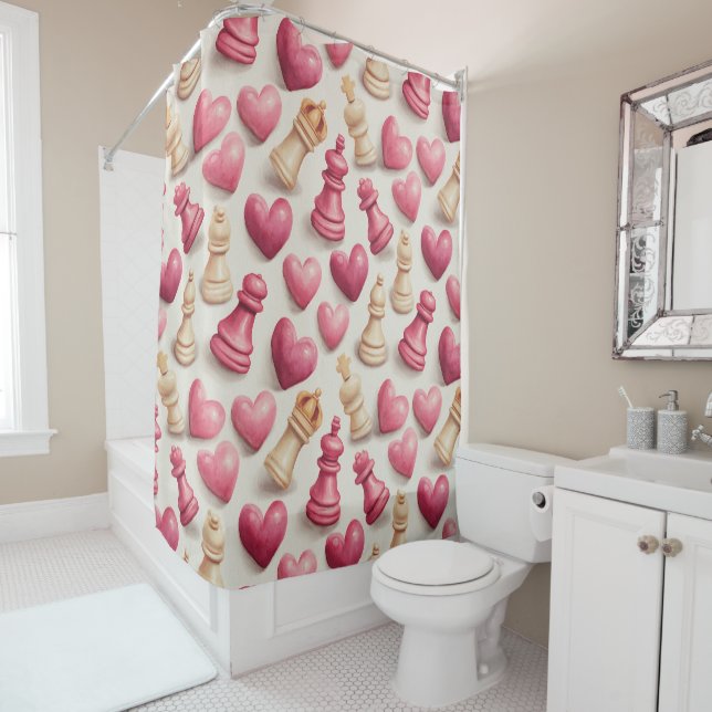 Chess & Hearts Valentines Pattern Shower Curtain (In Situ)