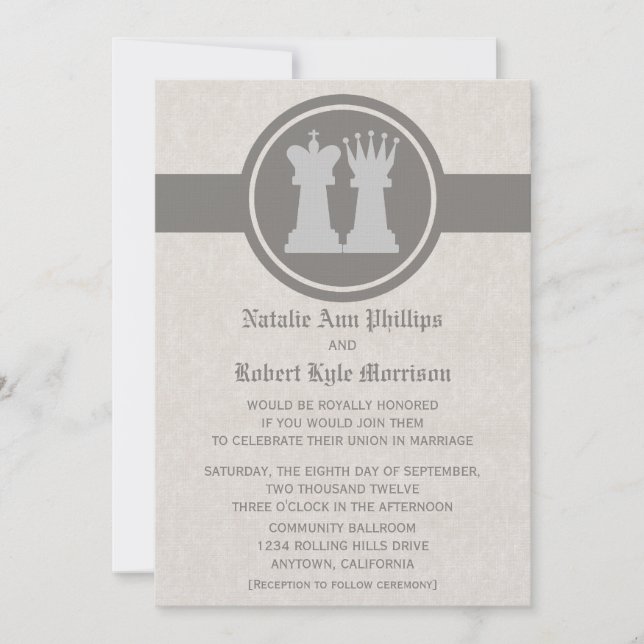 Chess King and Queen Wedding Invitation, Grey Invitation (Front)