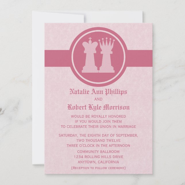 Chess King and Queen Wedding Invitation, Pink Invitation (Front)