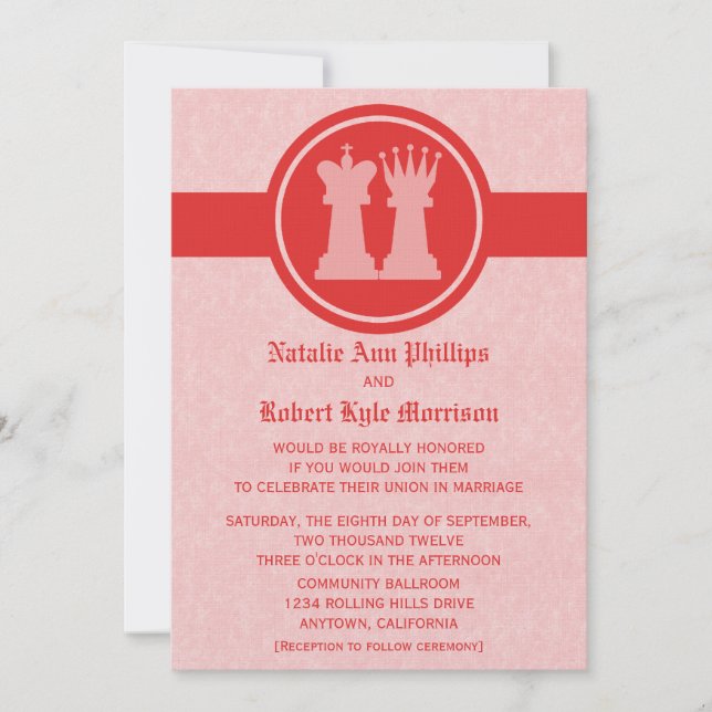 Chess King and Queen Wedding Invitation, Red Invitation (Front)