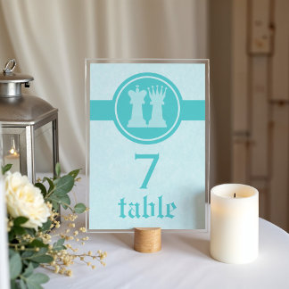 Chess King and Queen Wedding Table Card, Aqua Number