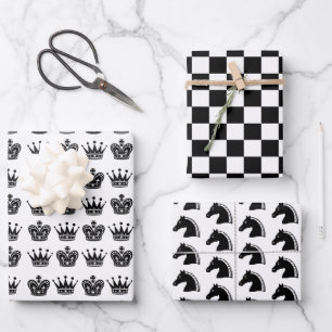 Chess King Queen Knight Black White Pattern Fun Wrapping Paper Sheet