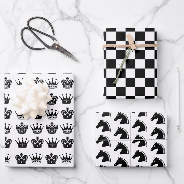Chess King Queen Knight Black White Pattern Fun Wrapping Paper Sheet (Front)