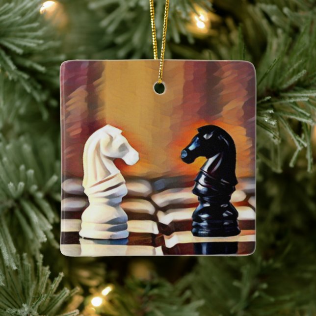 Chess Knights Chess Board Personalised Christmas Ceramic Ornament (Tree)