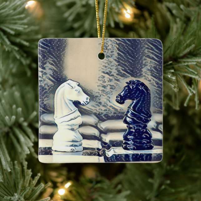 Chess Knights Chess Board Personalised Christmas Ceramic Ornament (Tree)