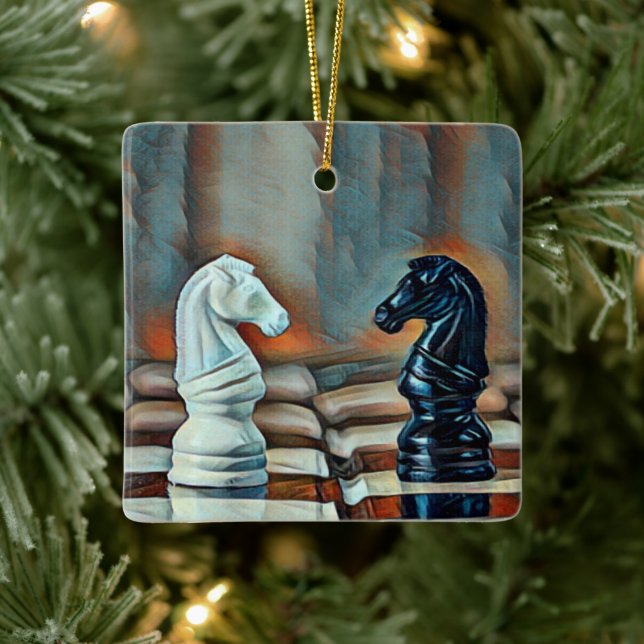 Chess Knights Chess Board Personalised Christmas Ceramic Ornament (Tree)
