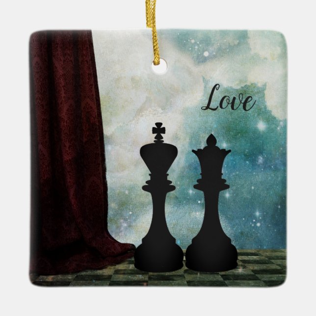 Chess Piece King and Queen Love Couples Ceramic Ornament (Front)