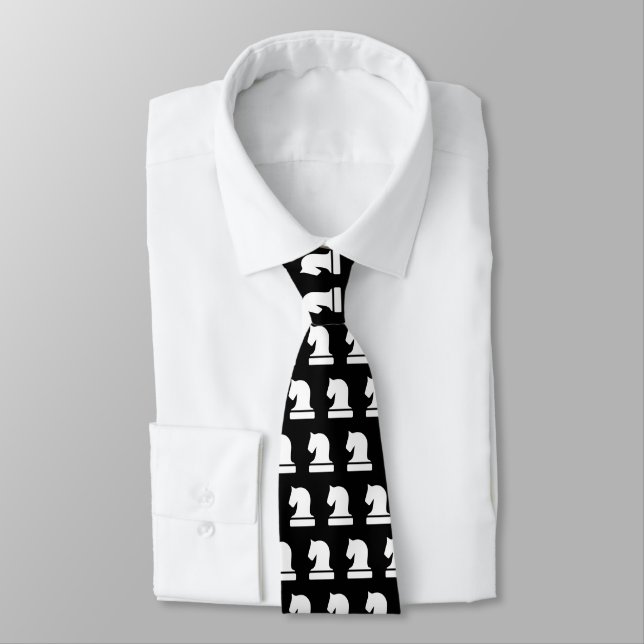 Chess piece pattern black and white neck tie (Tied)