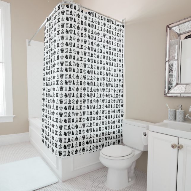 Chess Piece Pattern Black and White Shower Curtain (In Situ)