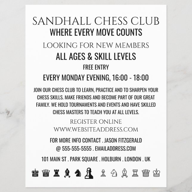 Chess Pieces, Chess Club Advertising Flyer (Front)