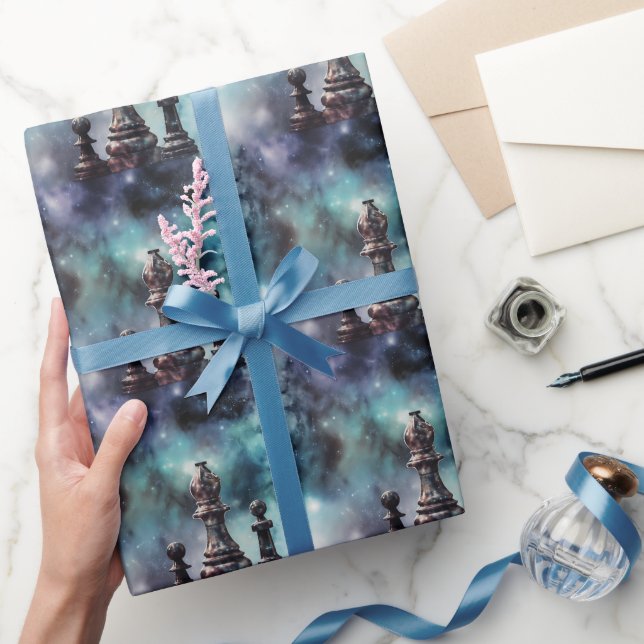Chess Pieces Classic Blue Nebula Galactic Space Wrapping Paper (Gifting)
