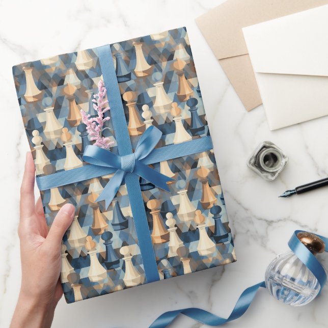 Chess Pieces Modern Minimalist Geometric Blue Tan Wrapping Paper (Gifting)