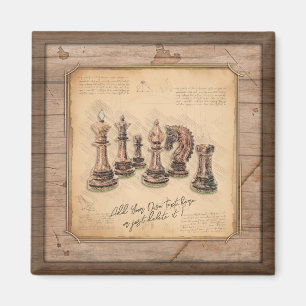 Chess Pieces on Grunge Wooden Board Player Gift Magnet