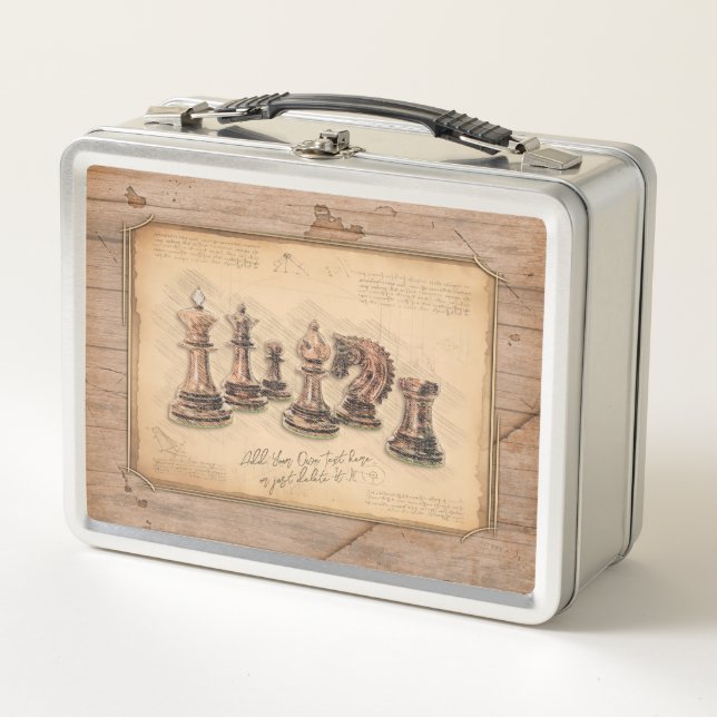 Chess Pieces on Grunge Wooden Board Player Gift Metal Lunch Box (Front)