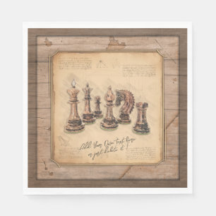 Chess Pieces on Grunge Wooden Board Player Gift Napkin