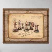 Chess Pieces on Grunge Wooden Board Player Gift