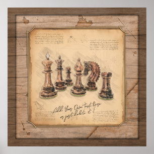 Chess Pieces on Grunge Wooden Board Player Gift Poster