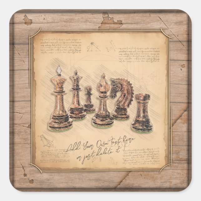 Chess Pieces on Grunge Wooden Board Player Gift Square Sticker (Front)