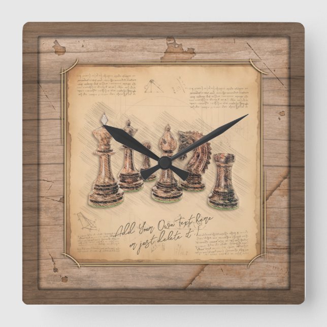 Chess Pieces on Grunge Wooden Board Player Gift Square Wall Clock (Front)