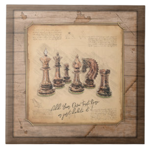 Chess Pieces on Grunge Wooden Board Player Gift Tile
