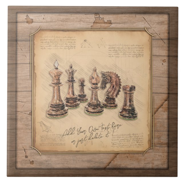 Chess Pieces on Grunge Wooden Board Player Gift Tile (Front)