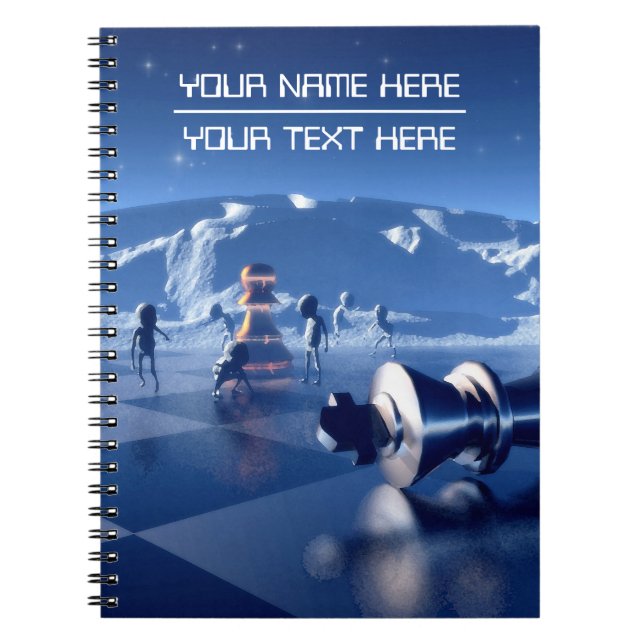 Chess pieces on planetscape. Customisable text Notebook (Front)