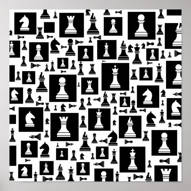 Chess Pieces Pattern - Black and white Poster (Front)