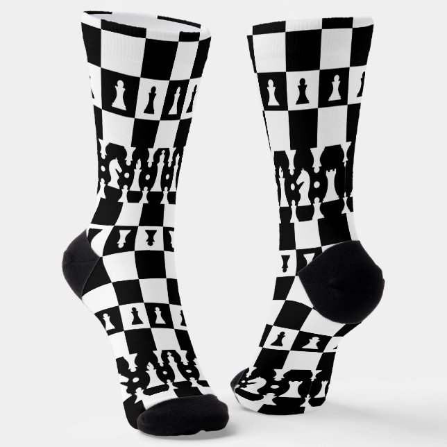 Chess Pieces Pattern - black and white Socks (Angled)