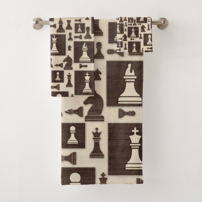 Chess Pieces Pattern - Wooden Texture Bath Towel Set (Insitu)