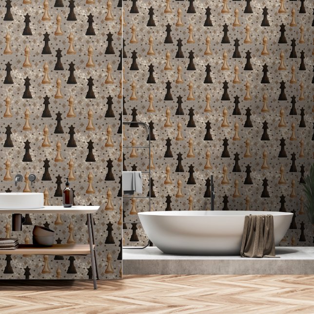 Chess Pieces Queen Bishop Brown Spades  Wallpaper (Bathroom)