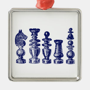 Chess Pieces Vintage Art Blue Metal Tree Decoration
