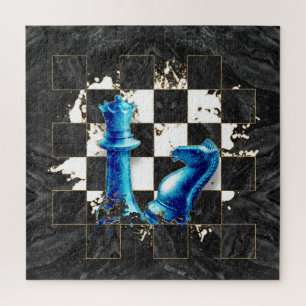Chess Queen and Knight - Blue Marble Jigsaw Puzzle