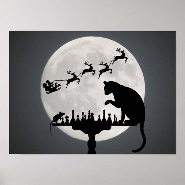 Chess Santa Full Moon Cat and Mouse Game Christmas Poster (Front)
