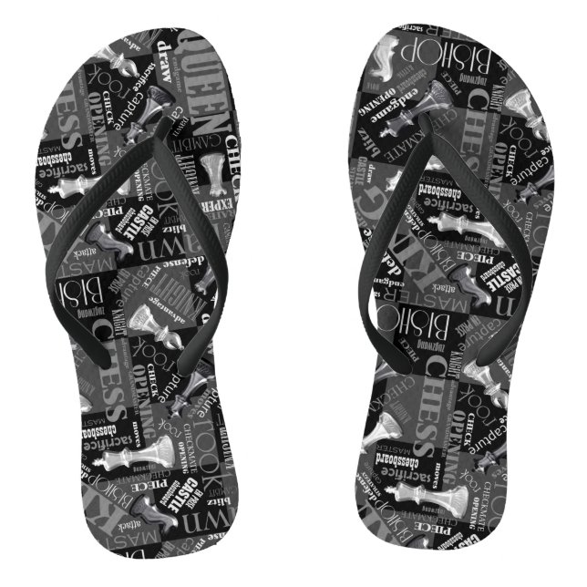 Chess Terms and Pieces Black and White ID784 Flip Flops (Footbed)