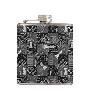 Chess Terms and Pieces Black and White ID784 Hip Flask