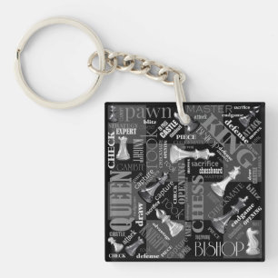 Chess Terms and Pieces Black and White ID784 Key Ring