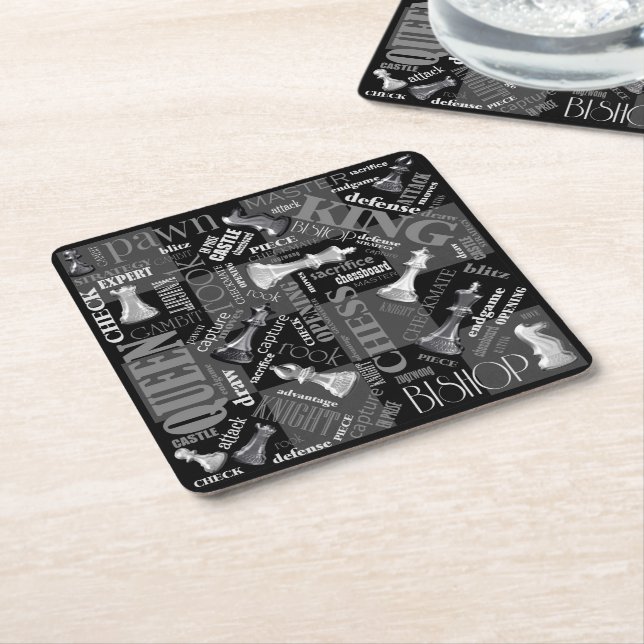 Chess Terms and Pieces Black and White ID784 Square Paper Coaster (Angled)