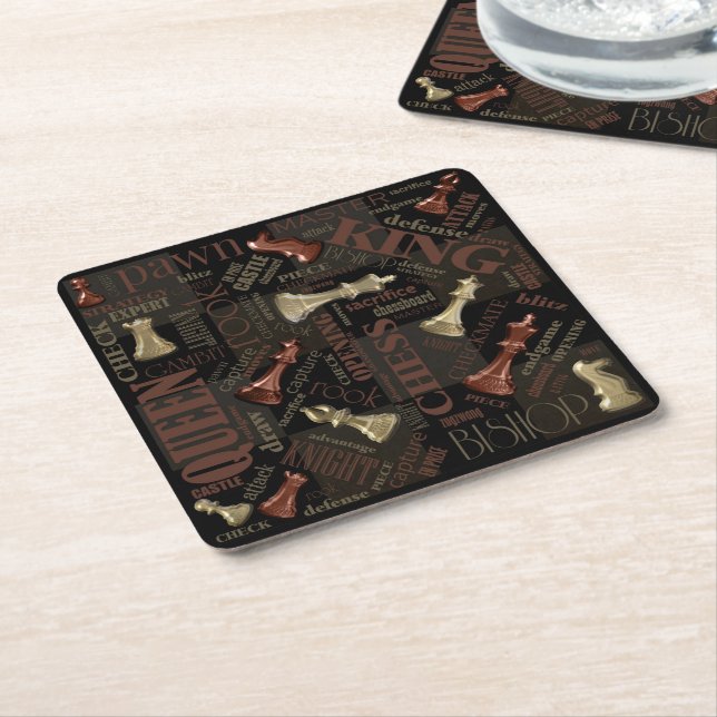 Chess Terms and Pieces Copper and Gold ID784 Square Paper Coaster (Angled)