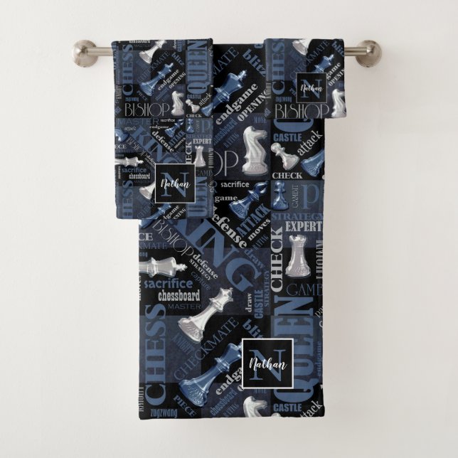 Chess Terms and Pieces Silver and Blue ID784 Bath Towel Set (Insitu)
